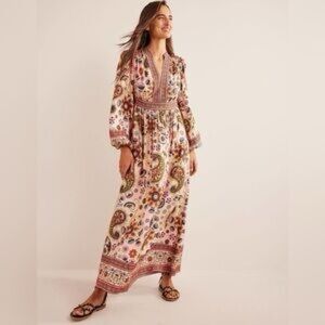Boden Tamara Dress Boho Paisley Notch Neck Maxi Dress Sz 6 Beige